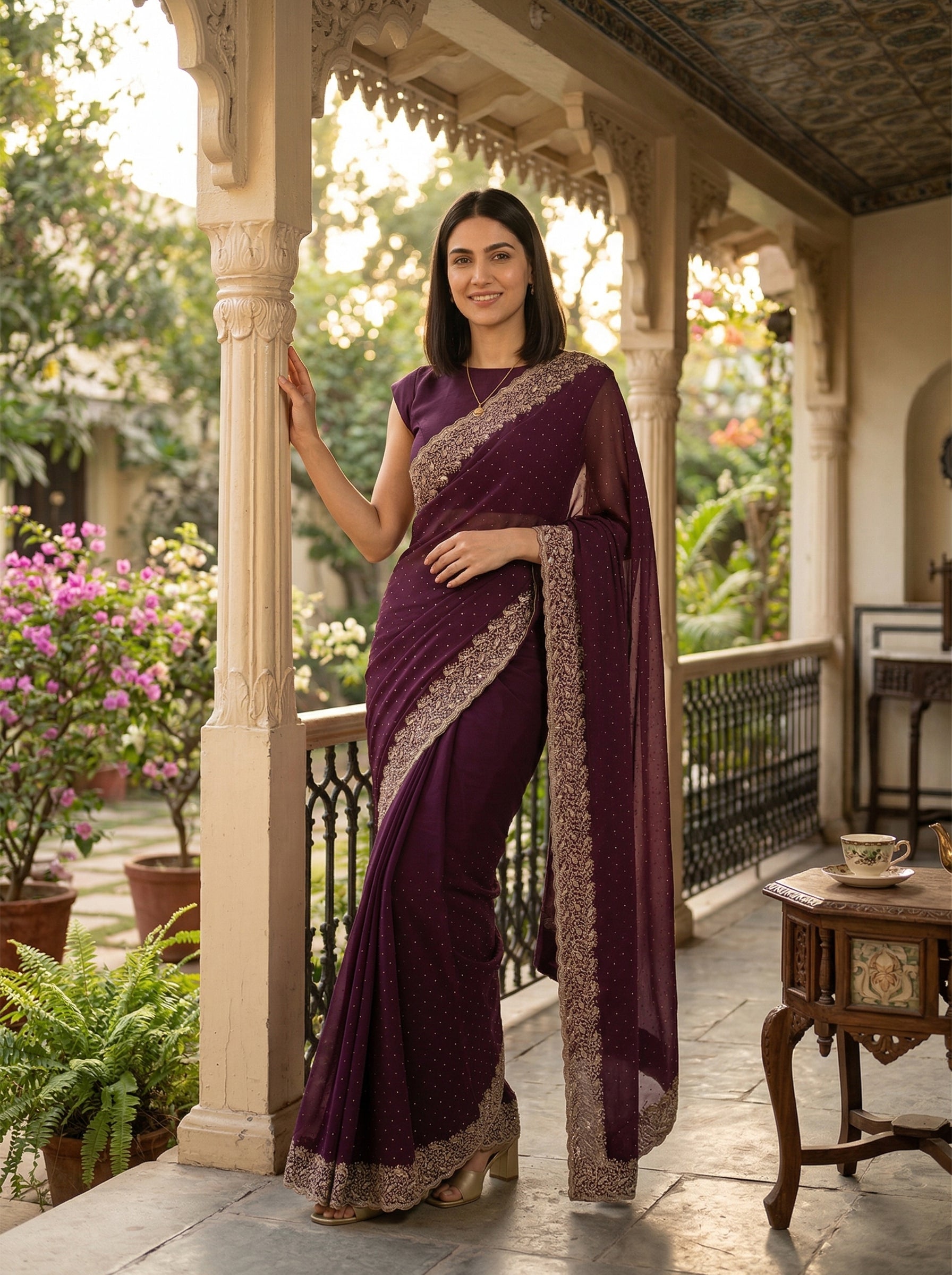 Woman in a purple saree standing on a porch with decorative columns and plants.