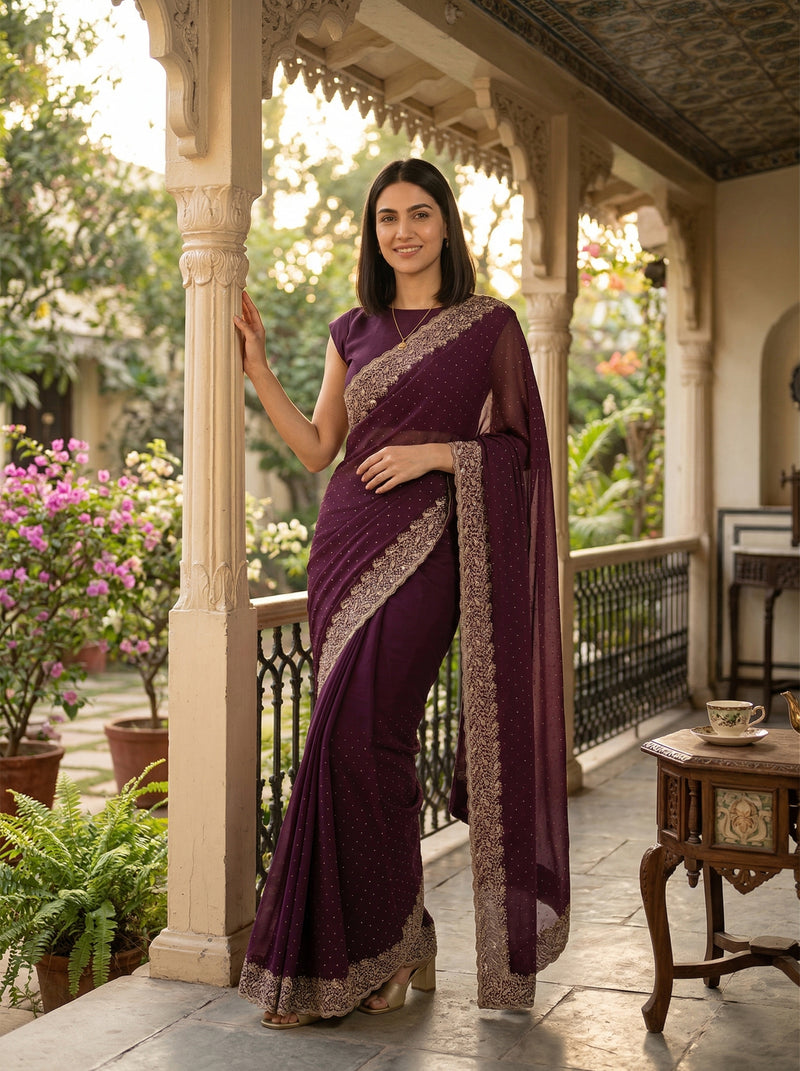 Woman in a purple saree standing on a porch with decorative columns and plants.