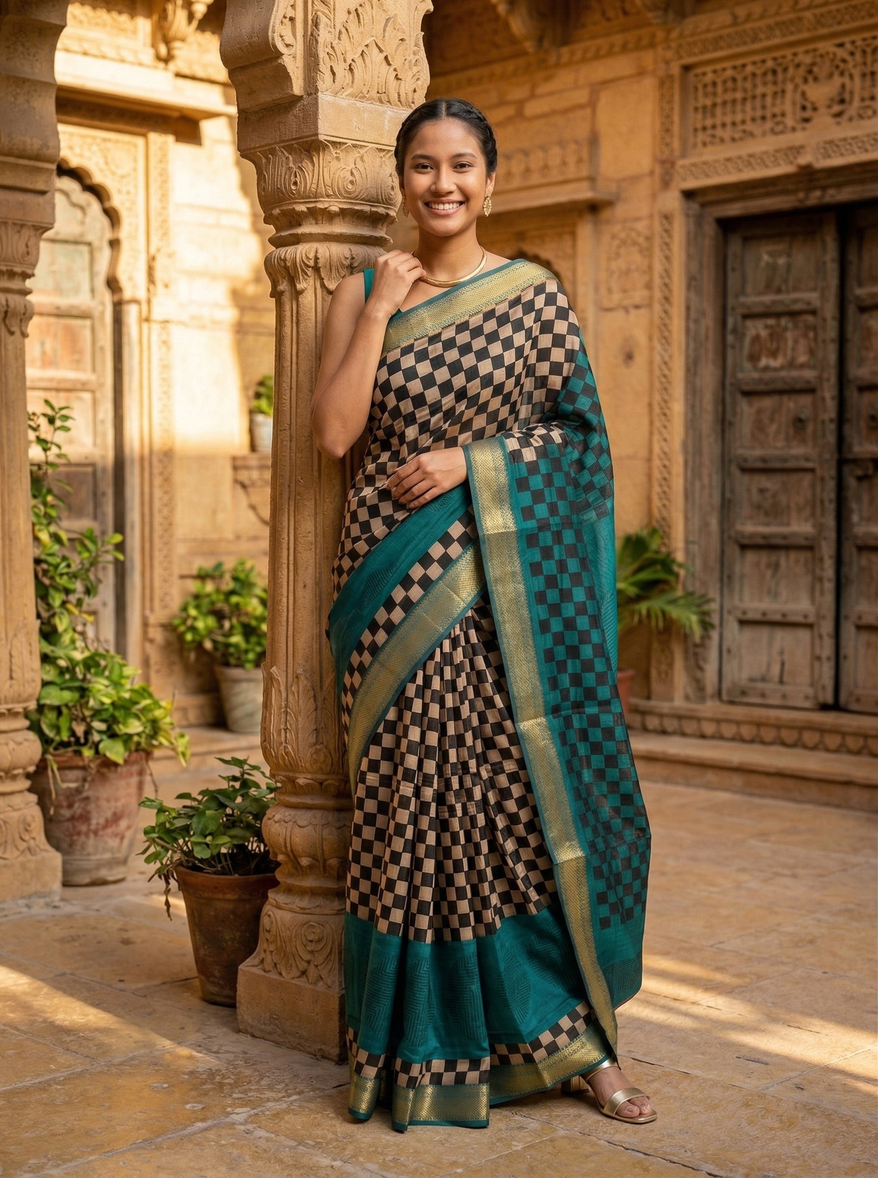 Chanderi Cotton Teal Checkered Designer Saree