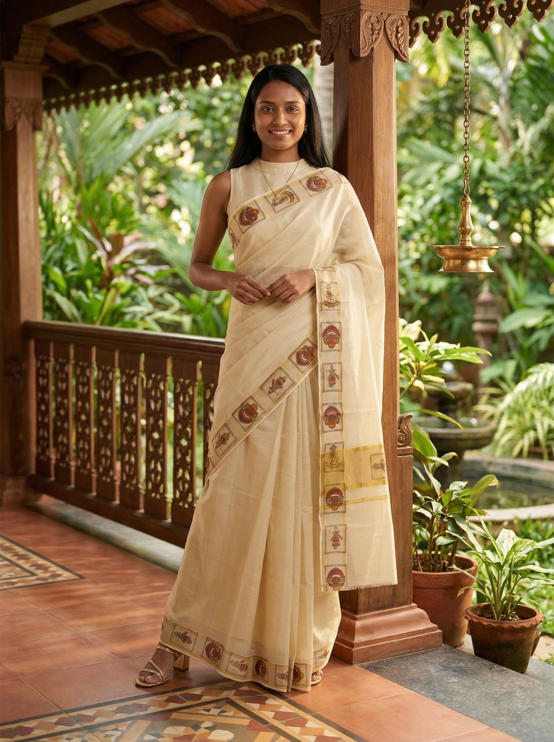 Woman in a traditional cream saree with patterns standing in a garden setting.