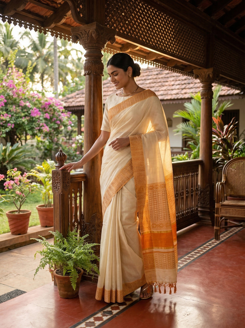 Woman in a traditional saree standing on a veranda with plants and flowers in the background