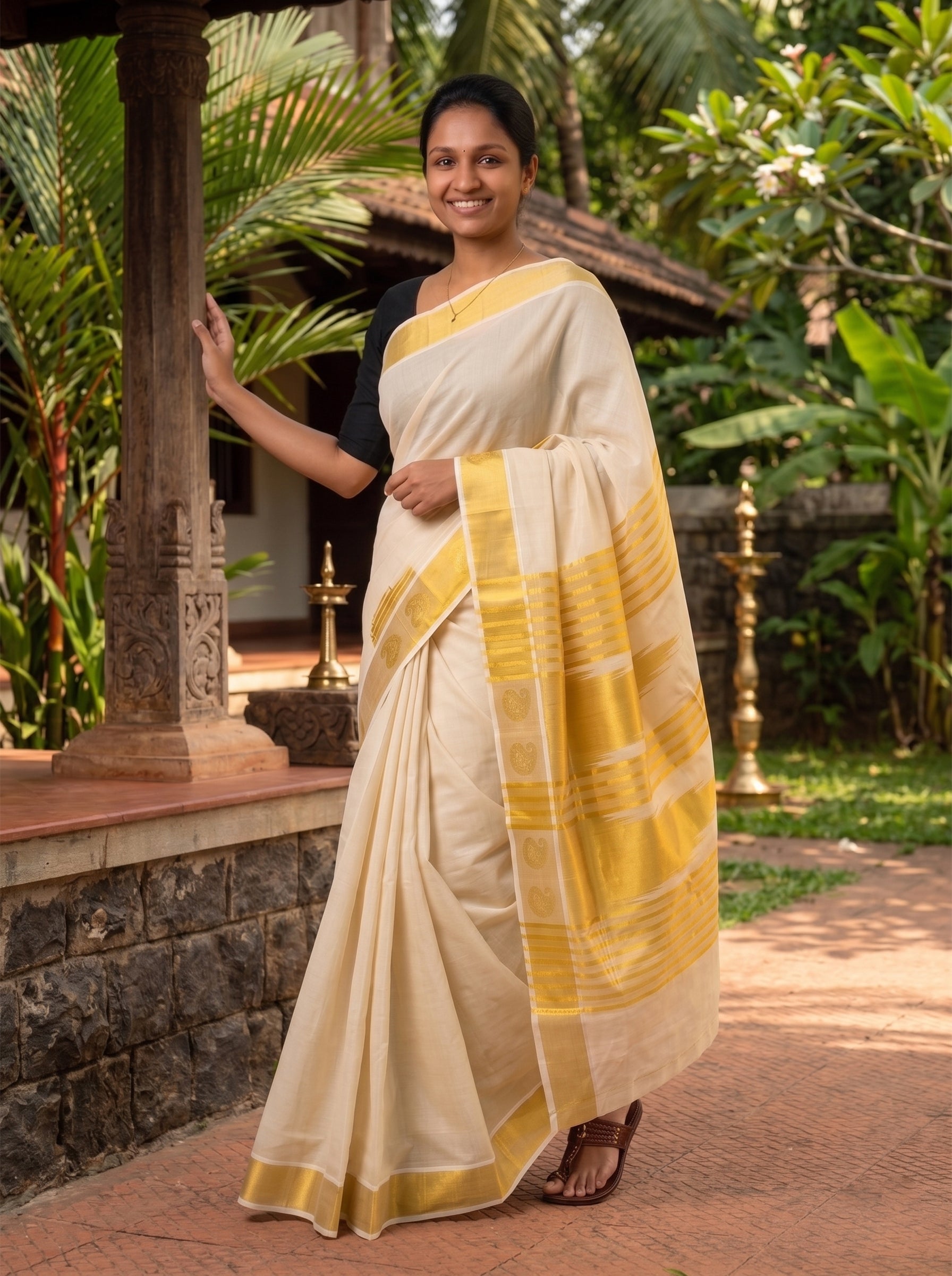 Woman in a white and yellow saree standing outdoors with greenery in the background