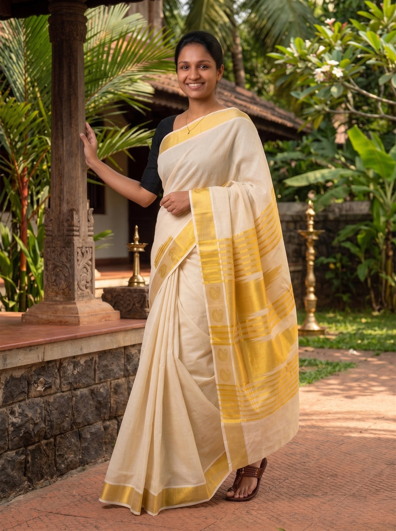 Woman in a white and yellow saree standing outdoors with greenery in the background