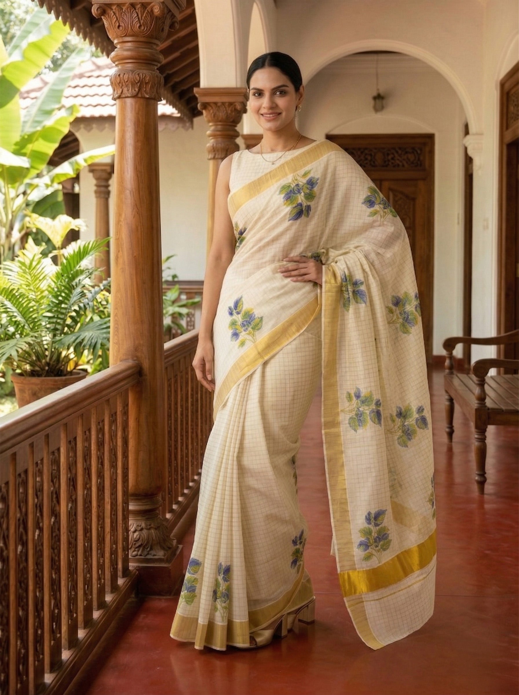 Woman wearing a white saree with floral patterns in an indoor setting with wooden architecture and plants.