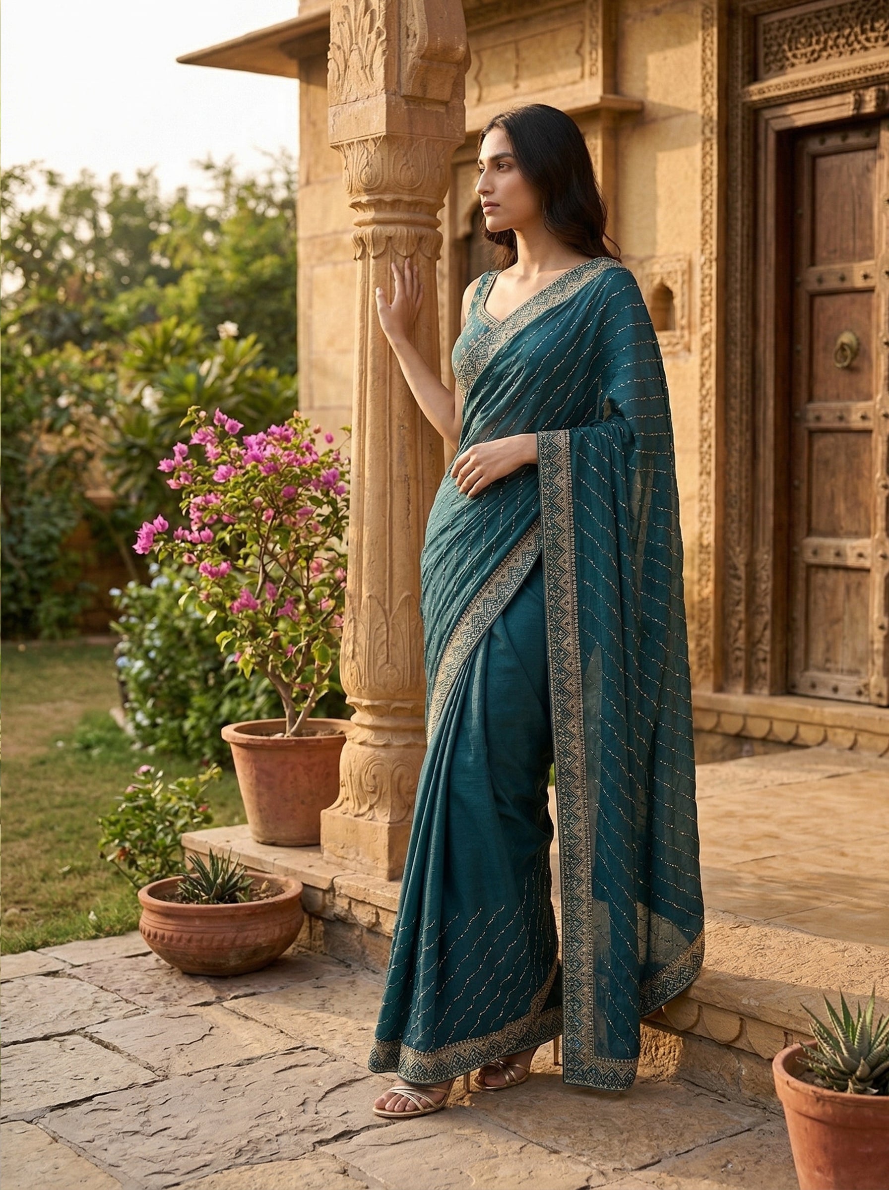 Vijithra Silk Peacock Blue Wave Design Stone Work Designer Saree