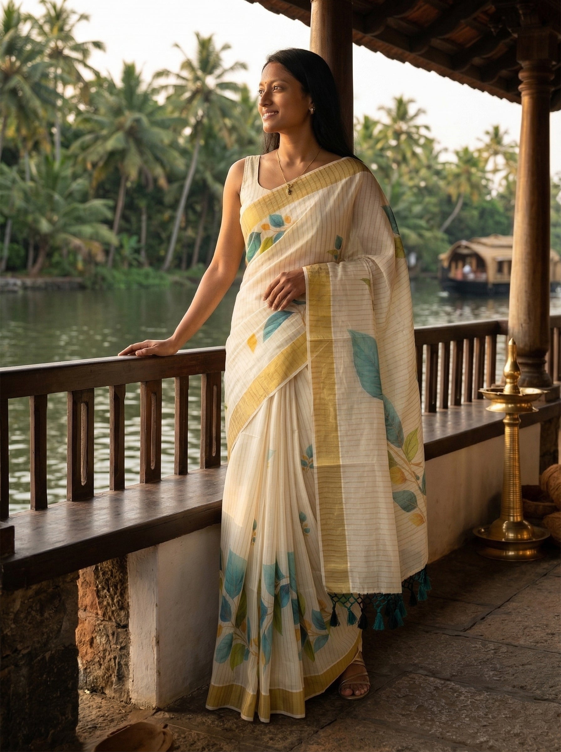 Woman in a traditional saree standing by a riverside with palm trees in the background
