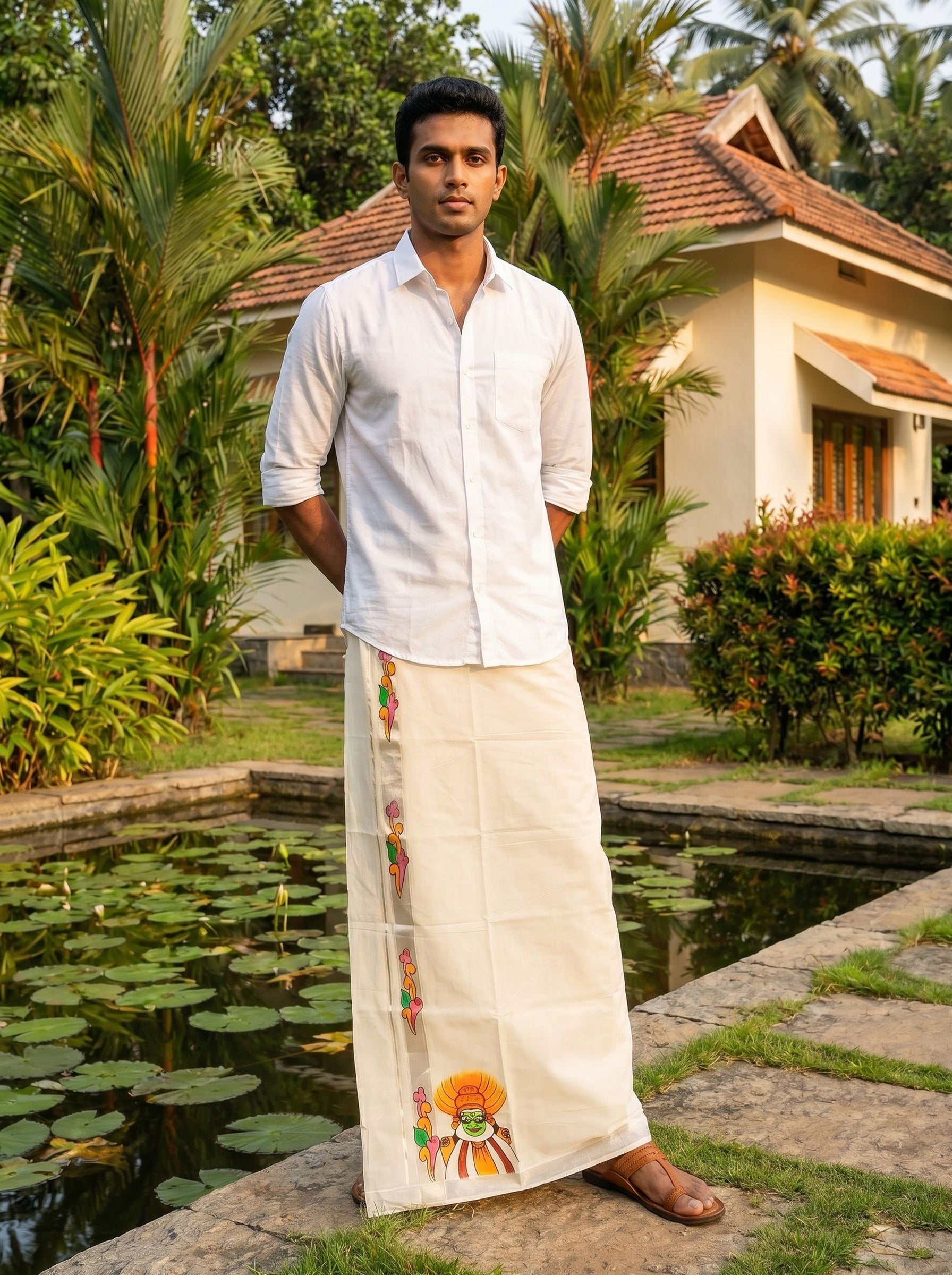 Men's Cotton Cream Kathakali Hand Painted With Antic Silver Kasavu Dhoti