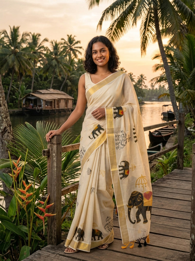 Woman in a saree with elephant patterns standing on a wooden platform by a river with palm trees in the background.