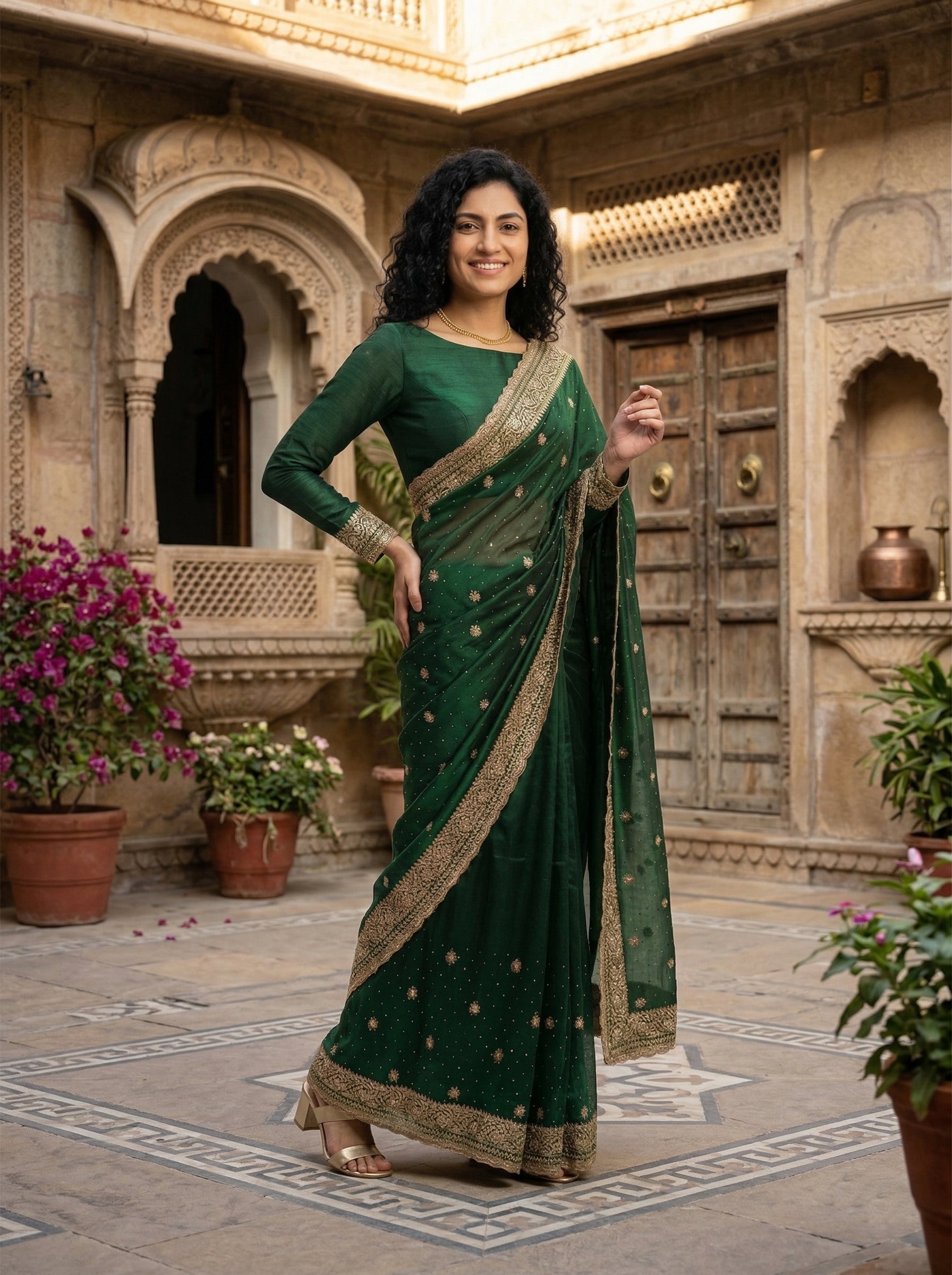 Woman in a green saree standing in an ornate courtyard with decorative arches and plants.