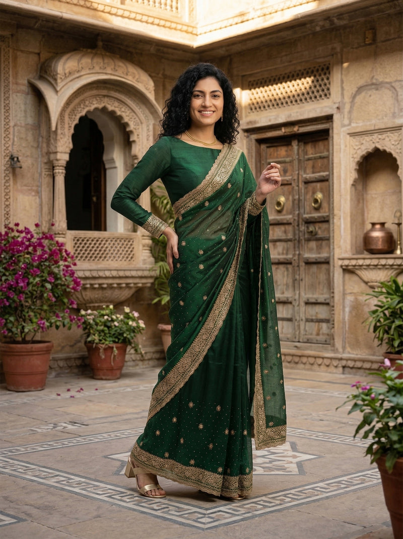 Woman in a green saree standing in an ornate courtyard with decorative arches and plants.
