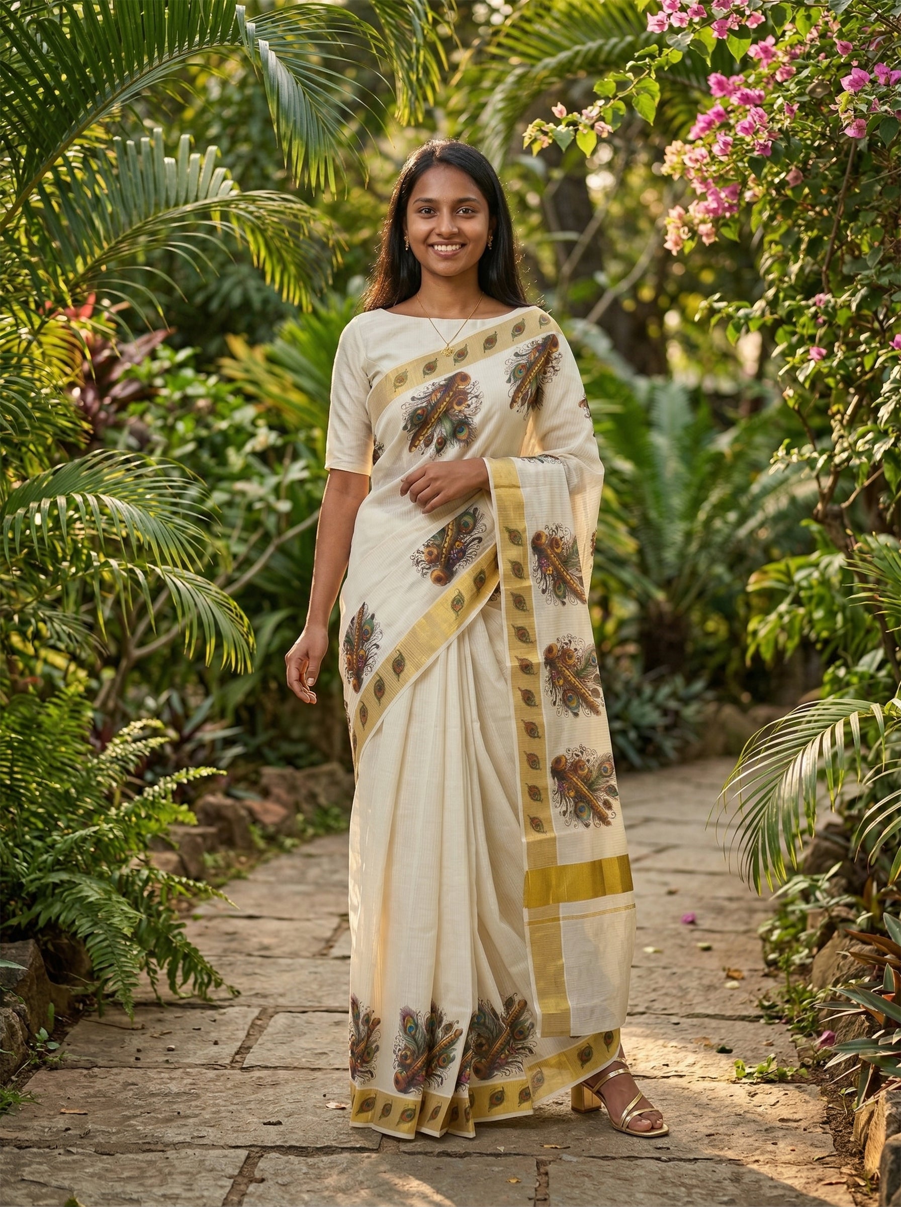 Woman in a traditional saree standing in a garden