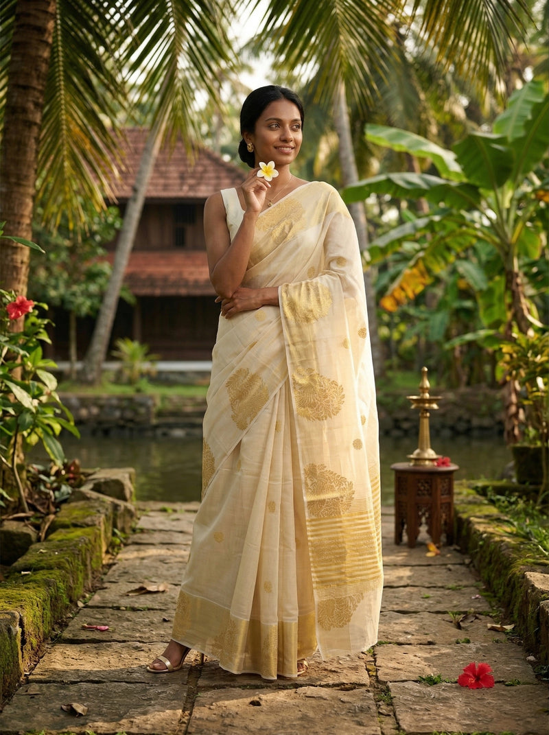 Woman in a traditional saree standing in a tropical setting with palm trees and a pond.