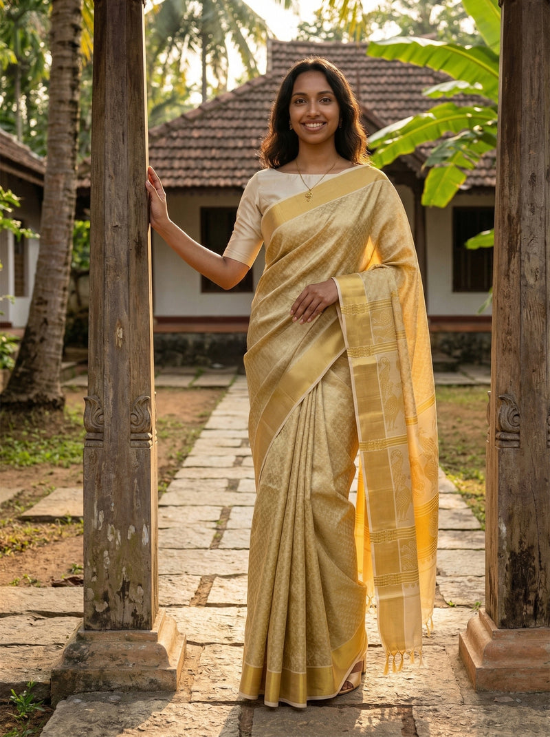Woman in a yellow saree standing in a traditional setting with wooden pillars and greenery.