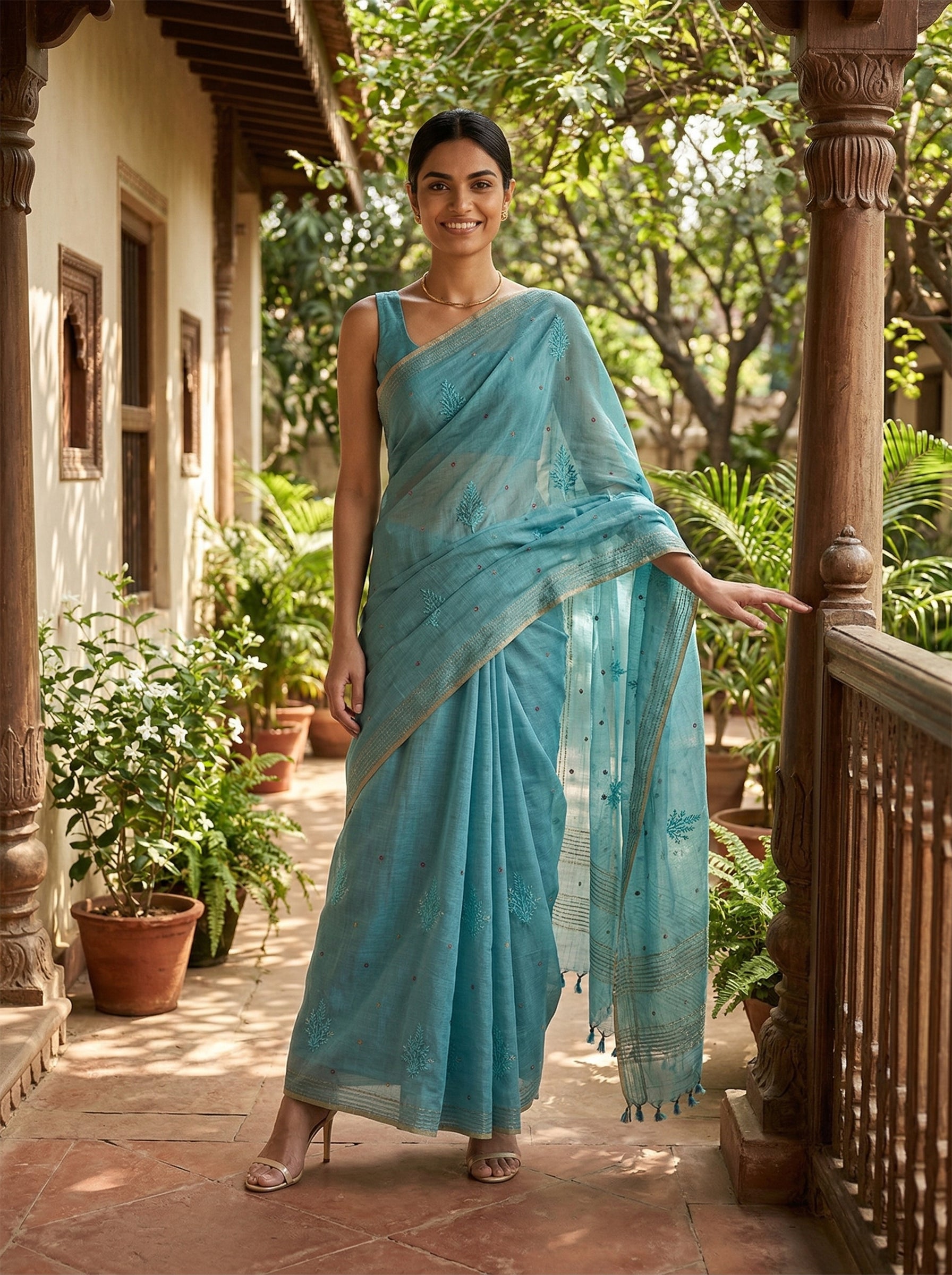 Chanderi Cotton Sky Blue Embroidered Floral Pattern Saree