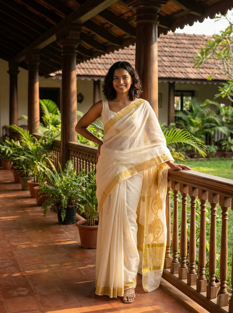 Woman in a white saree with gold border standing on a veranda with greenery in the background