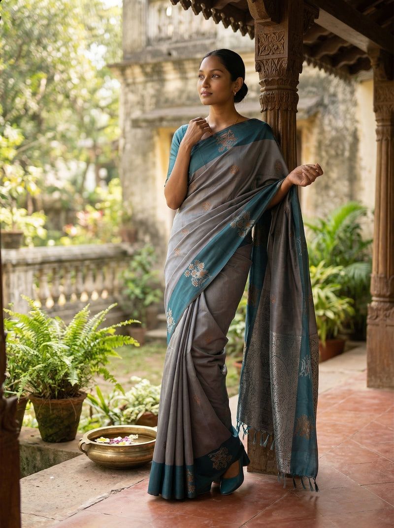 Art Silk Dark Grey Floral Design Saree with Contrast Border