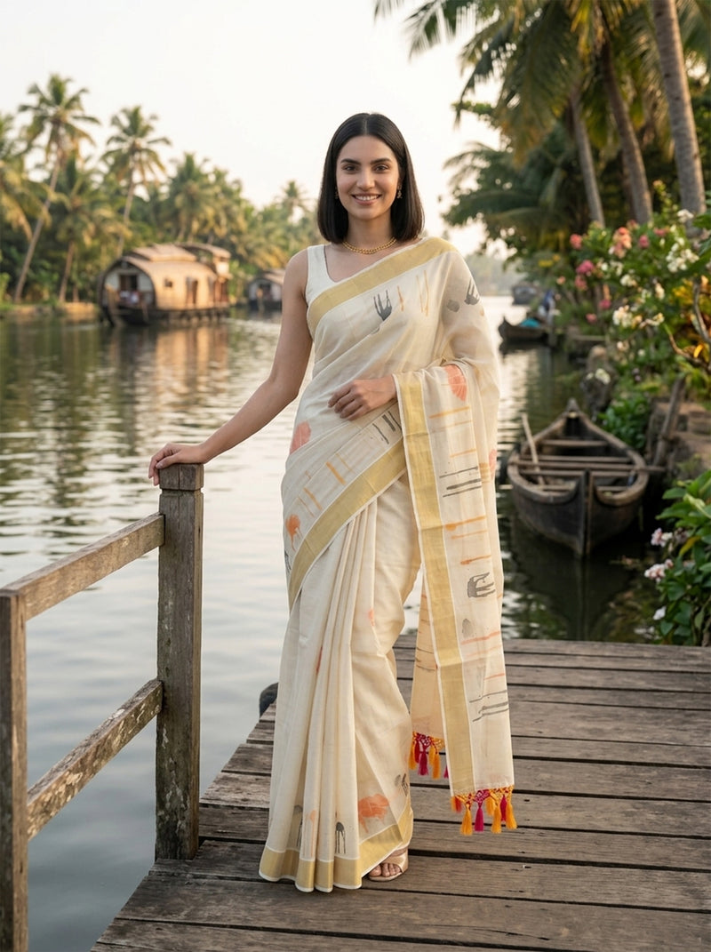 Woman in a traditional saree standing on a wooden dock by a body of water with palm trees in the background.