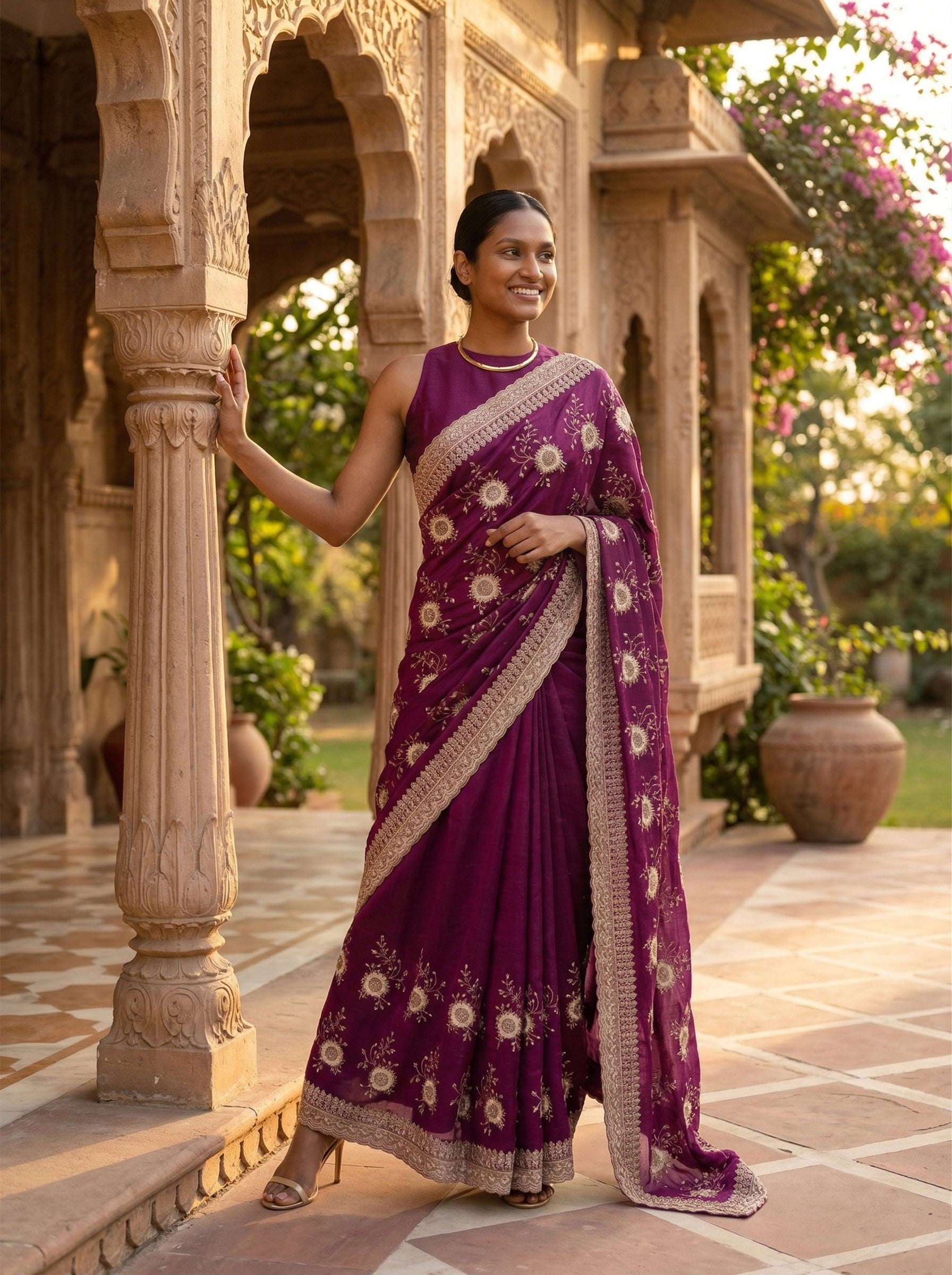 Woman in a purple saree with white patterns standing in an outdoor setting with architectural elements and plants.