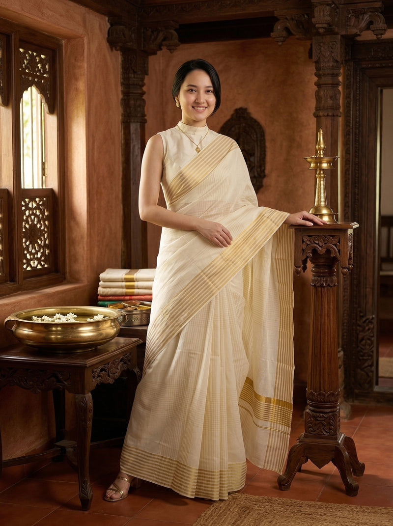Woman in a white saree with gold borders standing in a traditional setting.