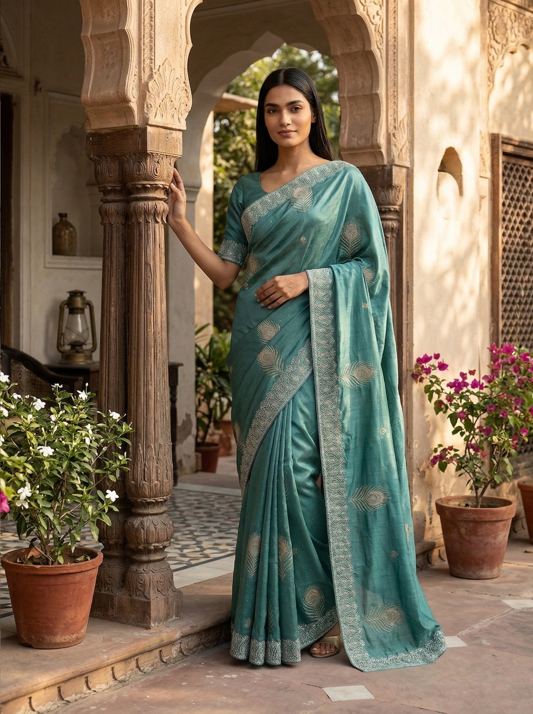 Woman in a teal saree standing in an outdoor setting with plants and architectural elements.