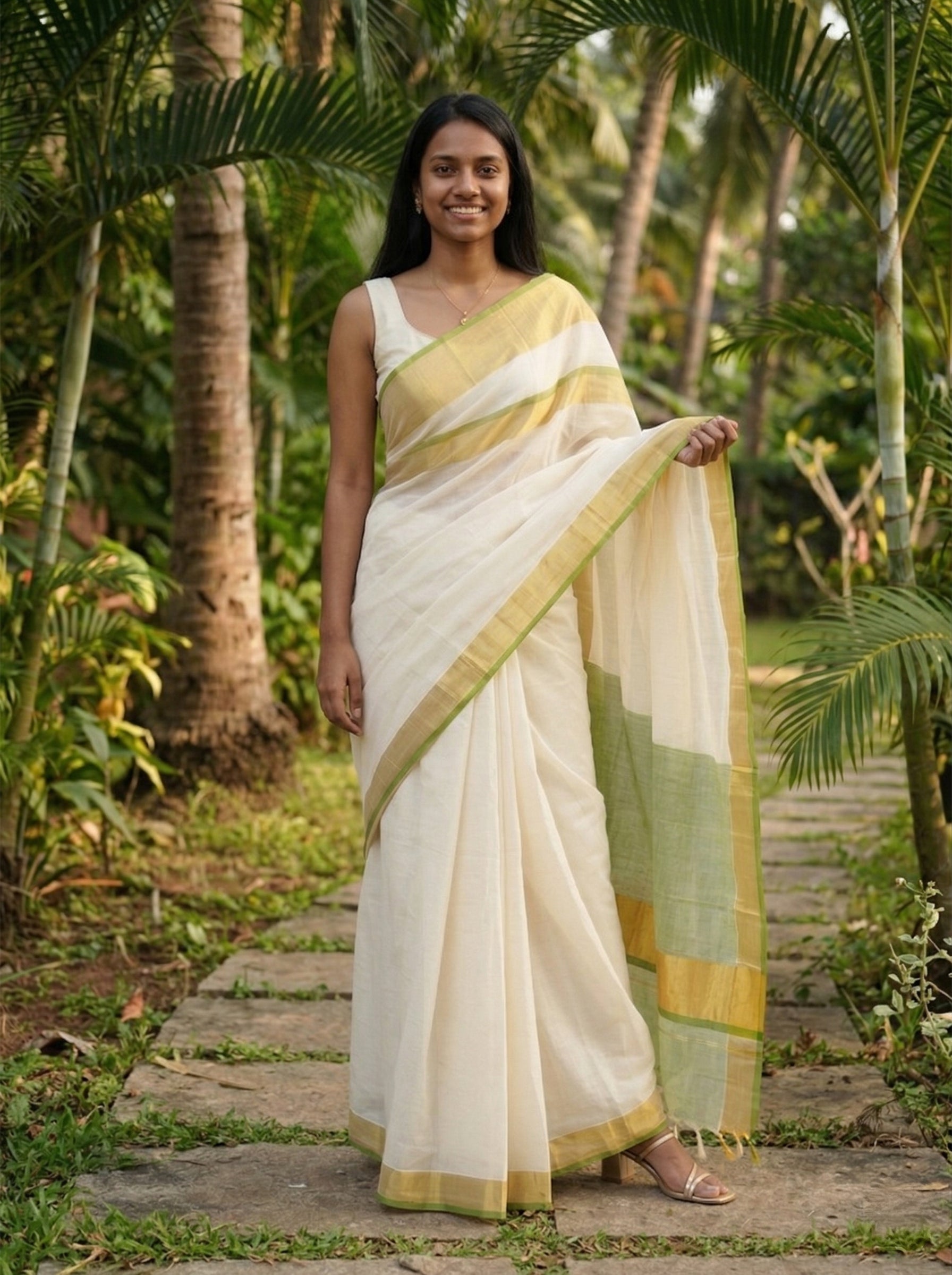 Woman in a white saree with green and yellow border standing in a tropical setting.
