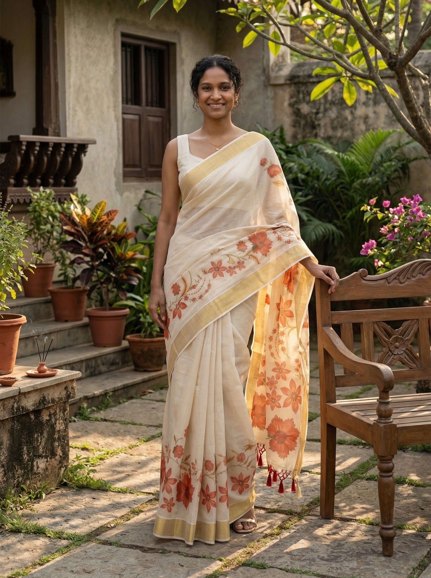 Woman in a floral saree standing outdoors with plants and a chair in the background
