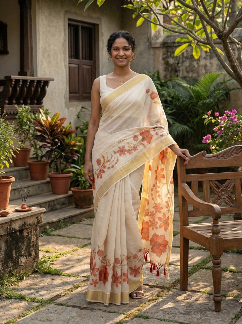 Woman in a floral saree standing outdoors with plants and a chair in the background