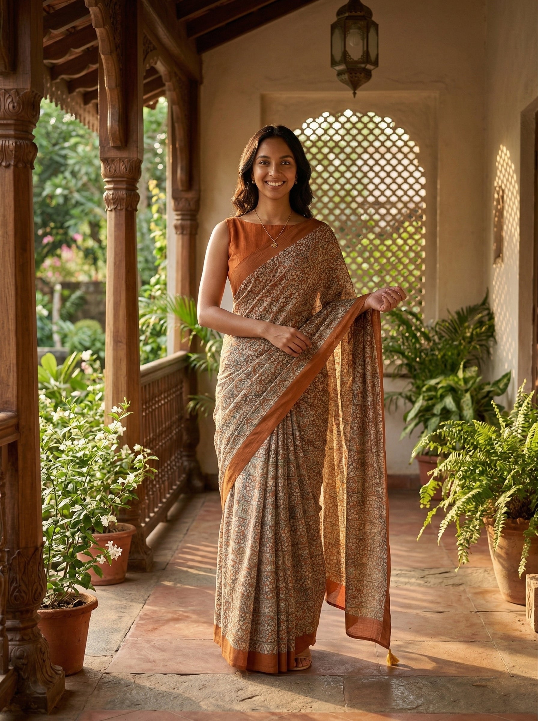 Chanderi Cotton Rust Orange And Beige Printed Saree