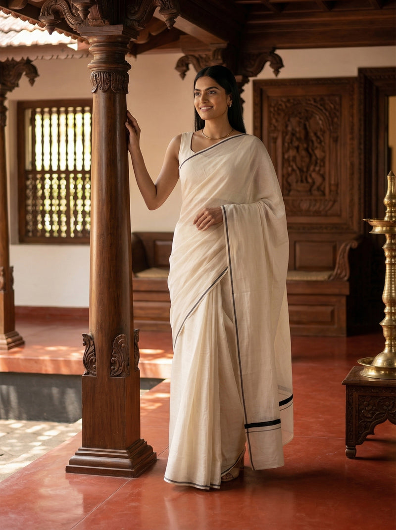 Woman in a white saree standing in a traditional setting with wooden pillars and decor.