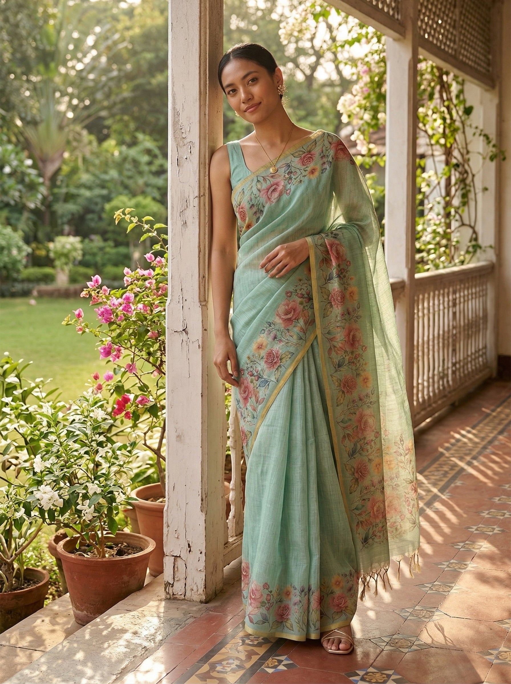 Linen Mint Green Floral Print Saree