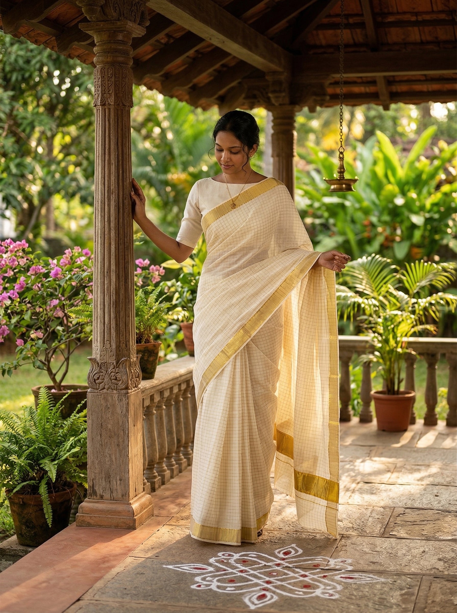 Woman in a white saree with gold border standing on a porch with plants and flowers in the background