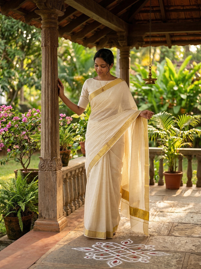 Woman in a white saree with gold border standing on a porch with plants and flowers in the background