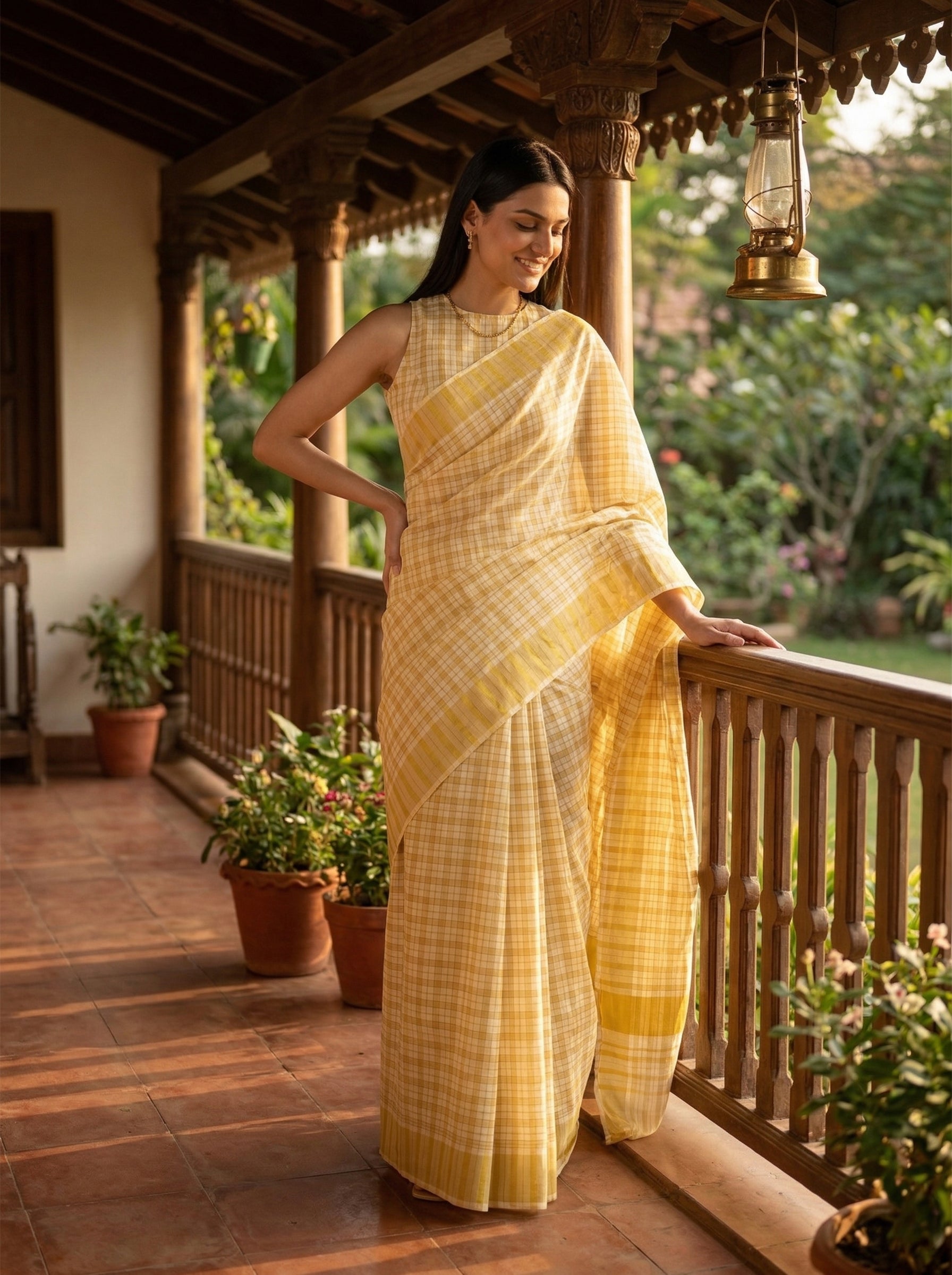 Woman in a yellow saree standing on a wooden porch with plants and greenery in the background