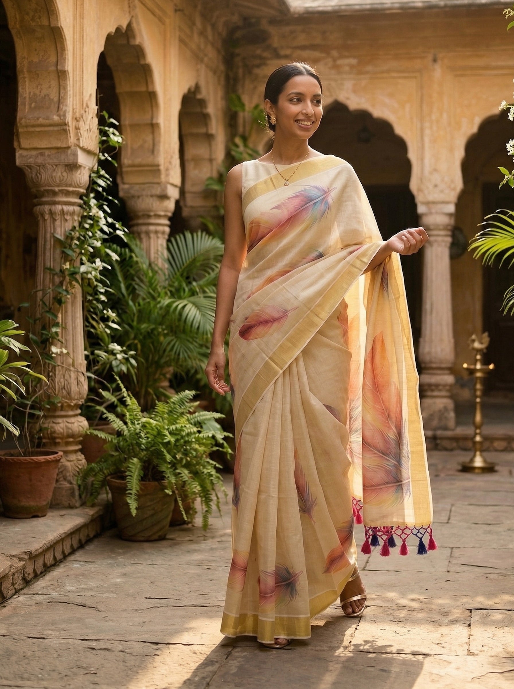 Woman in a traditional saree standing in an outdoor setting with architectural elements and plants.