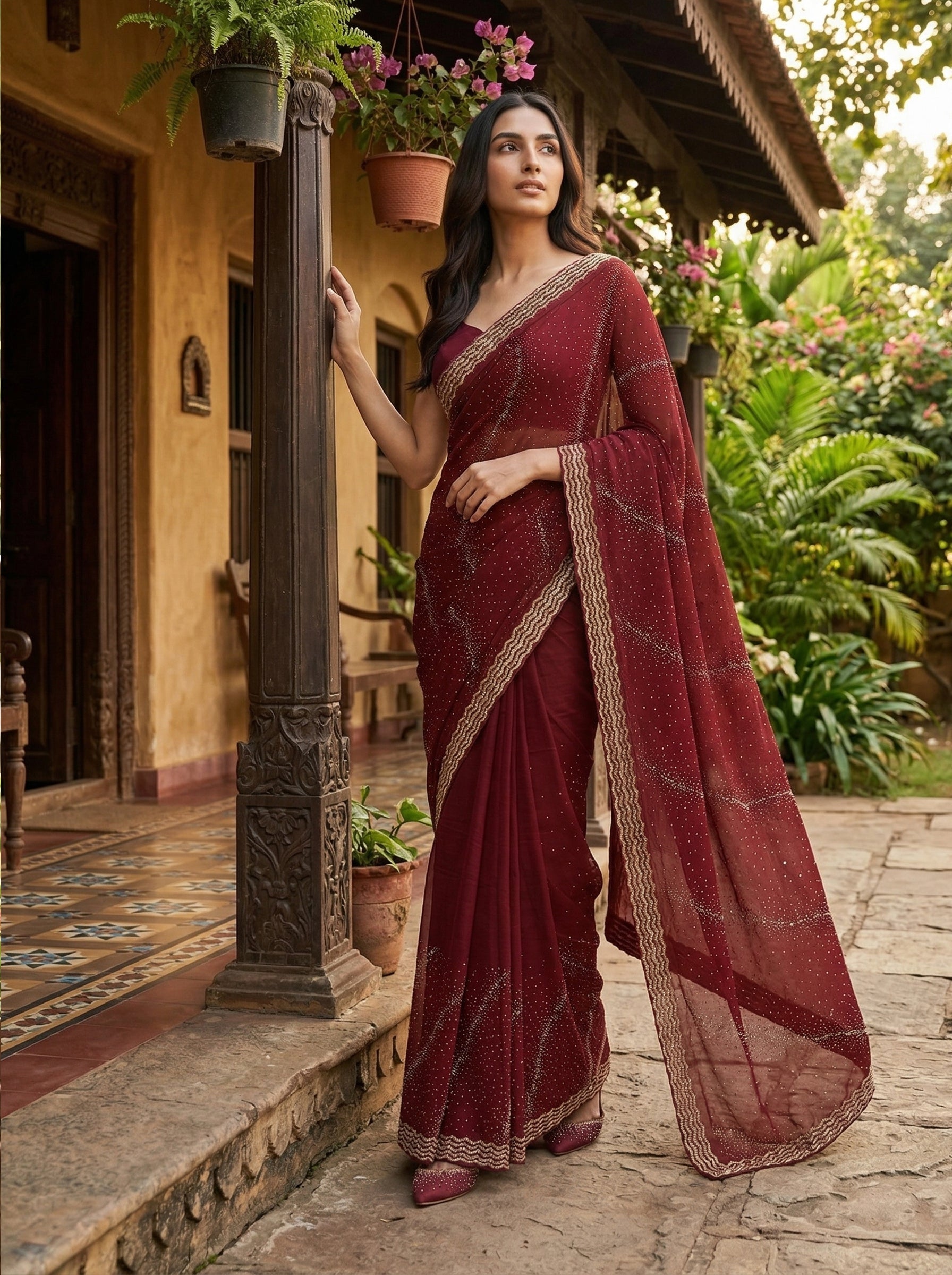 Woman in a maroon saree standing on a stone path with plants and a traditional building in the background.