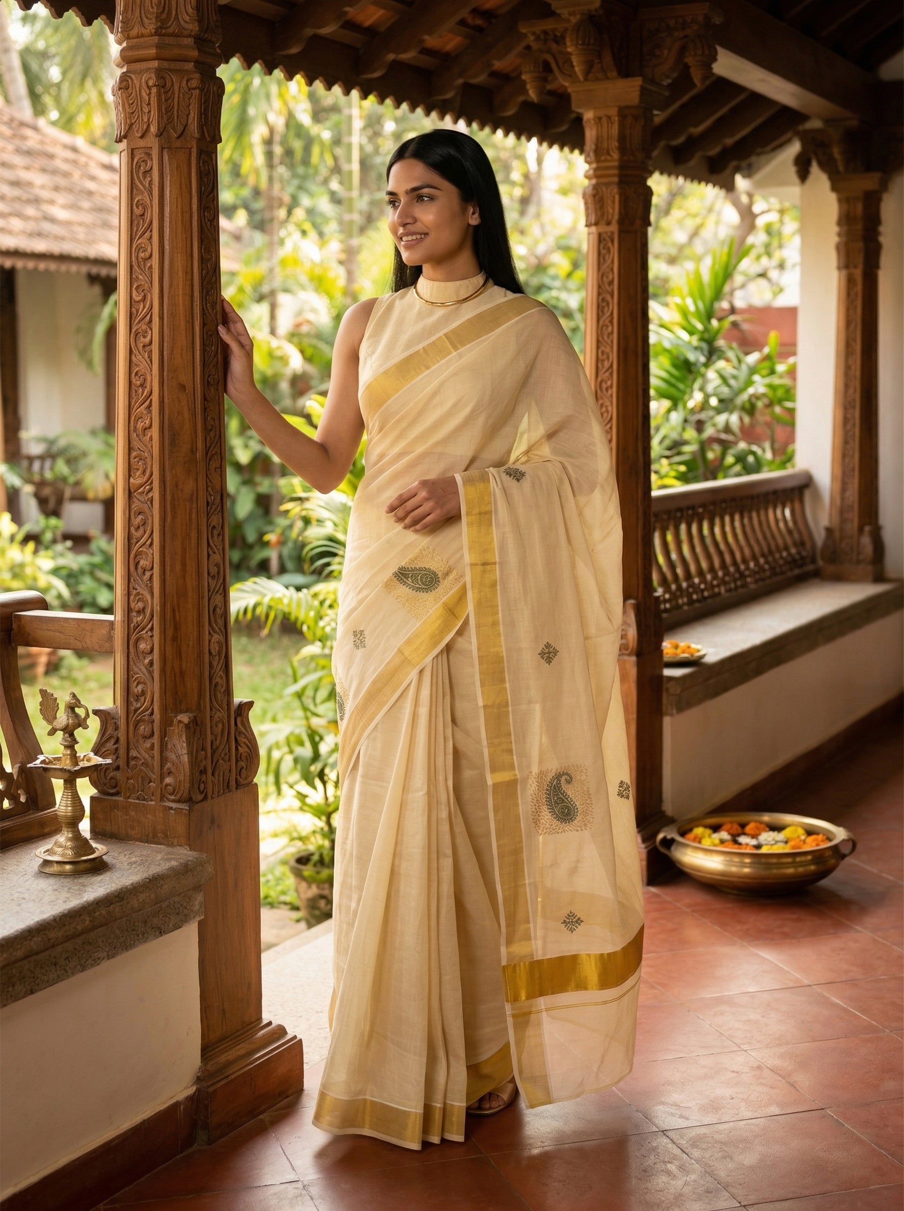 Woman in a traditional cream saree with gold border standing in a decorative indoor setting.