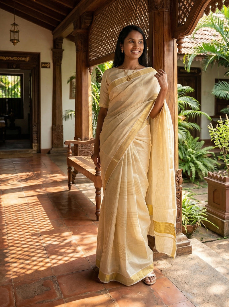 Woman in a traditional beige saree standing in a sunlit indoor setting with wooden architecture and plants.