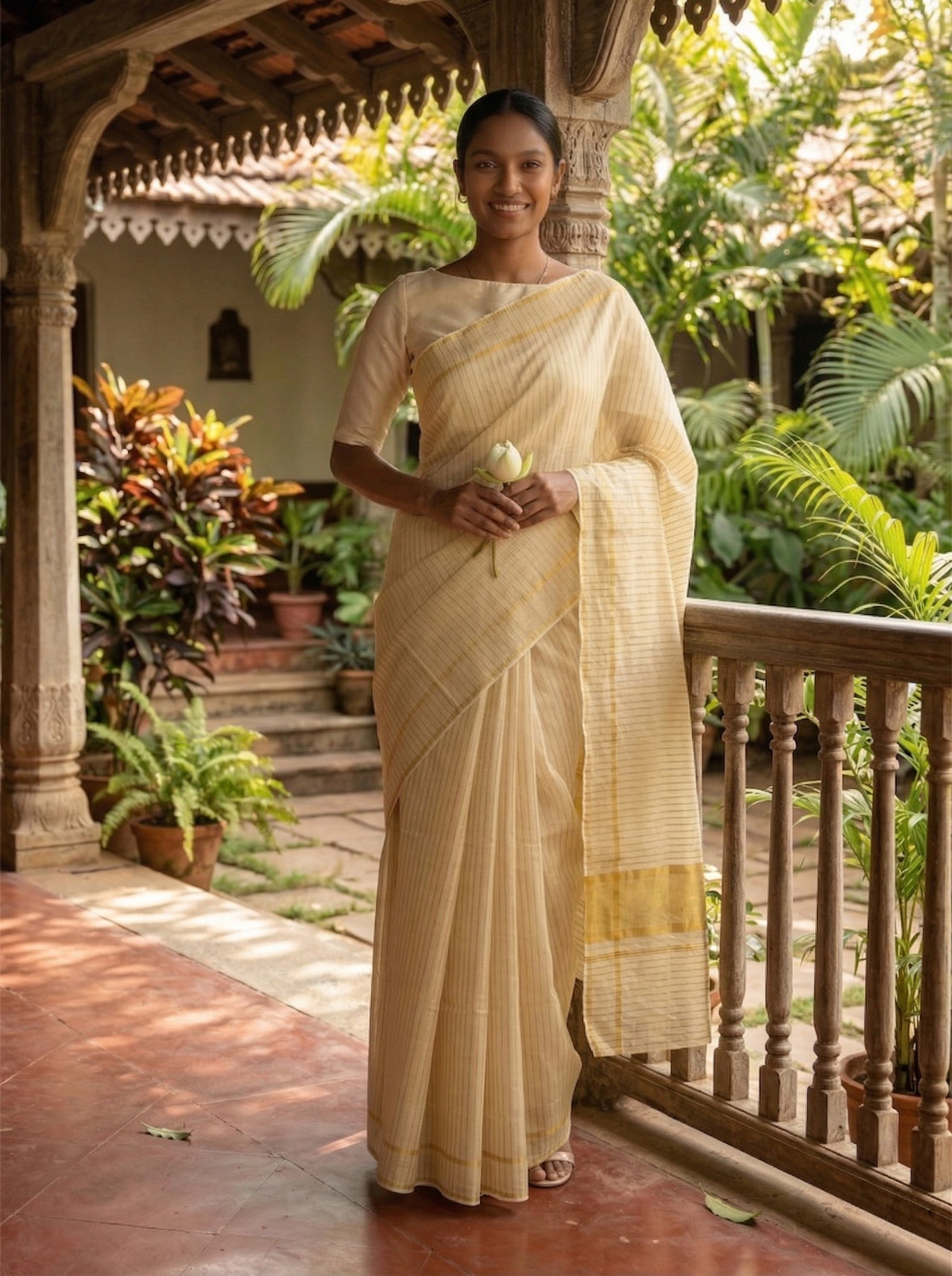 Woman in a beige saree standing on a balcony with plants in the background