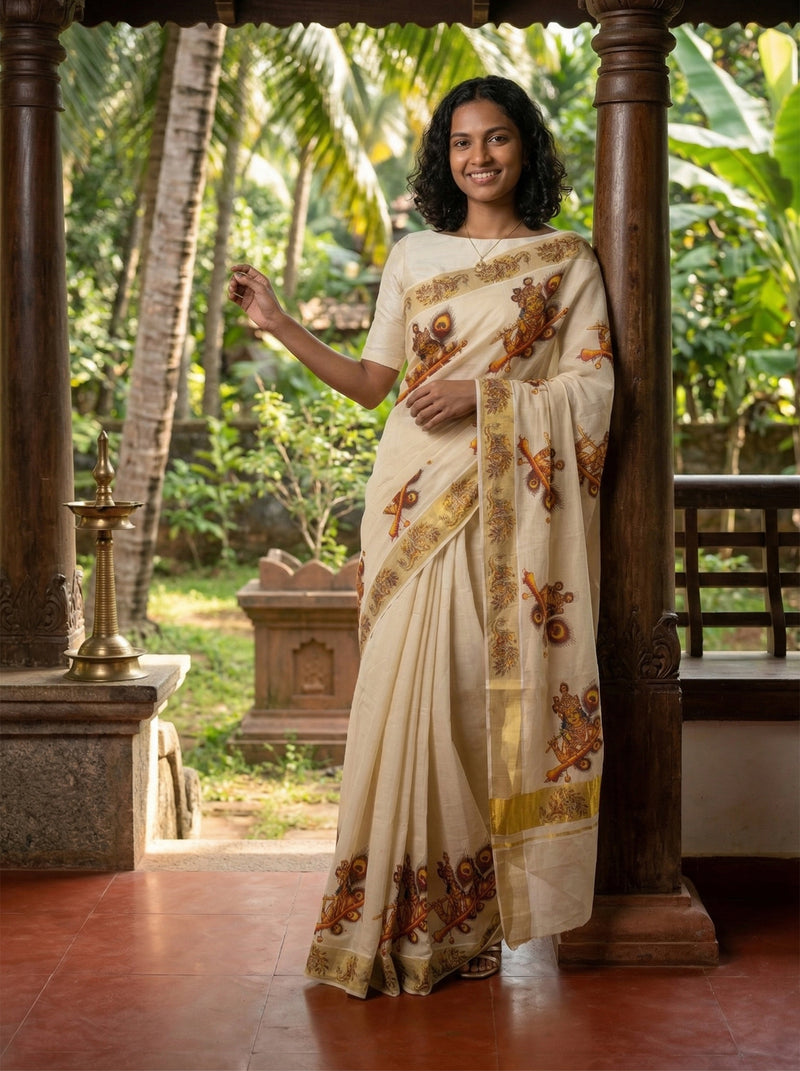 Woman in a traditional saree standing in a garden setting