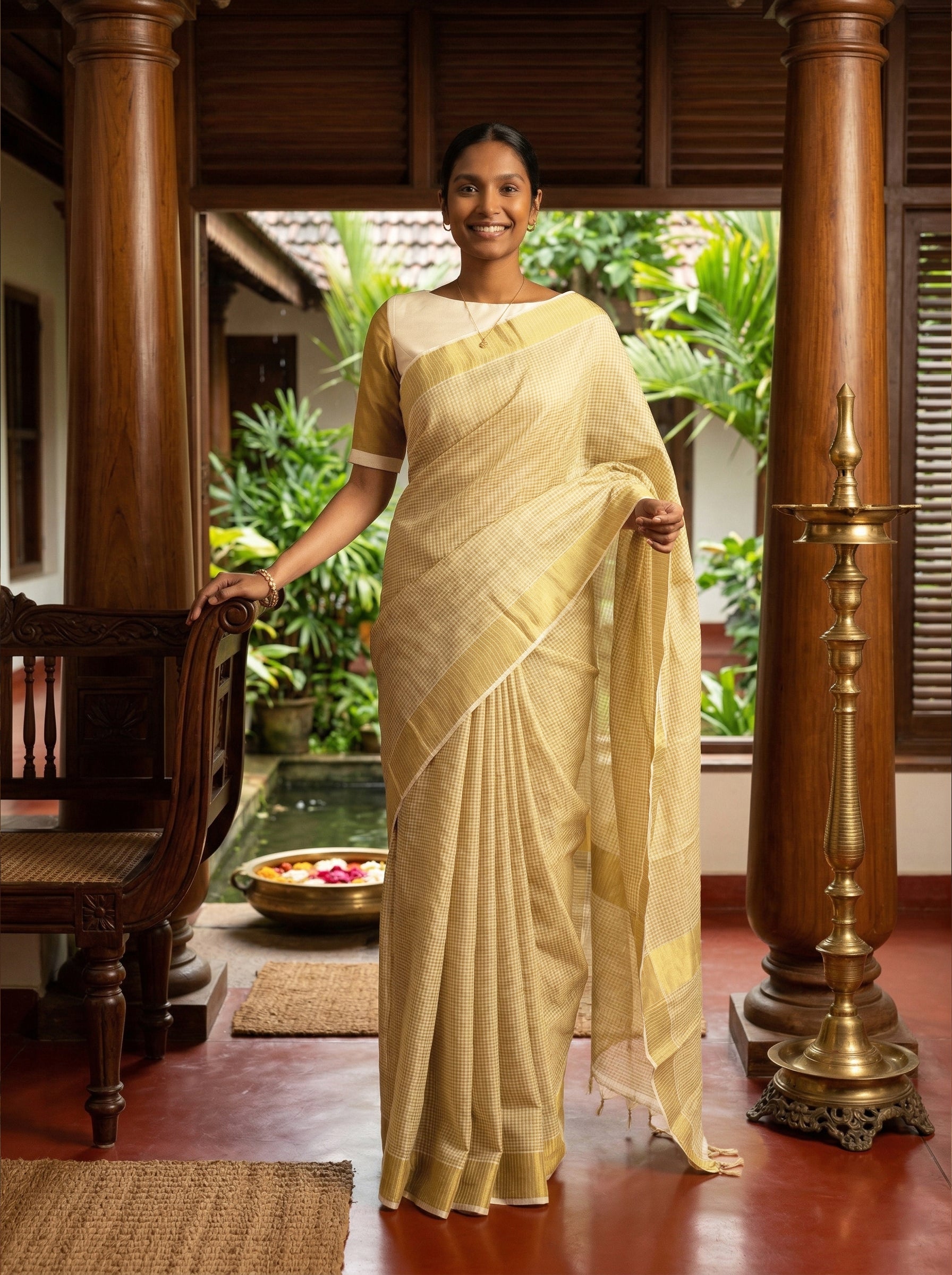 Woman in a beige saree standing in a traditional setting with wooden pillars and plants.
