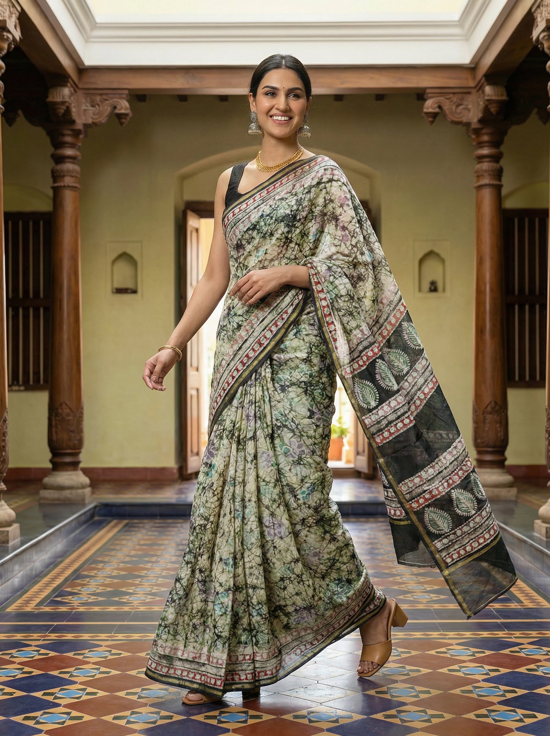 Cotton Traditional Cream Saree with Artistic Batik Design