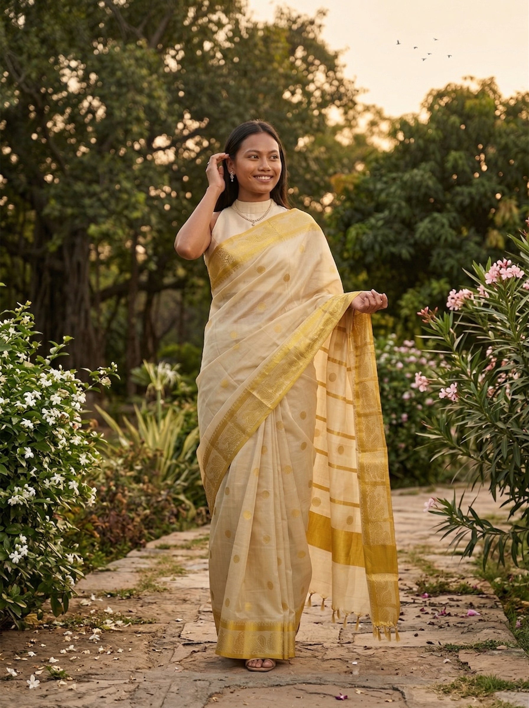 Woman in a yellow and white saree standing in a garden