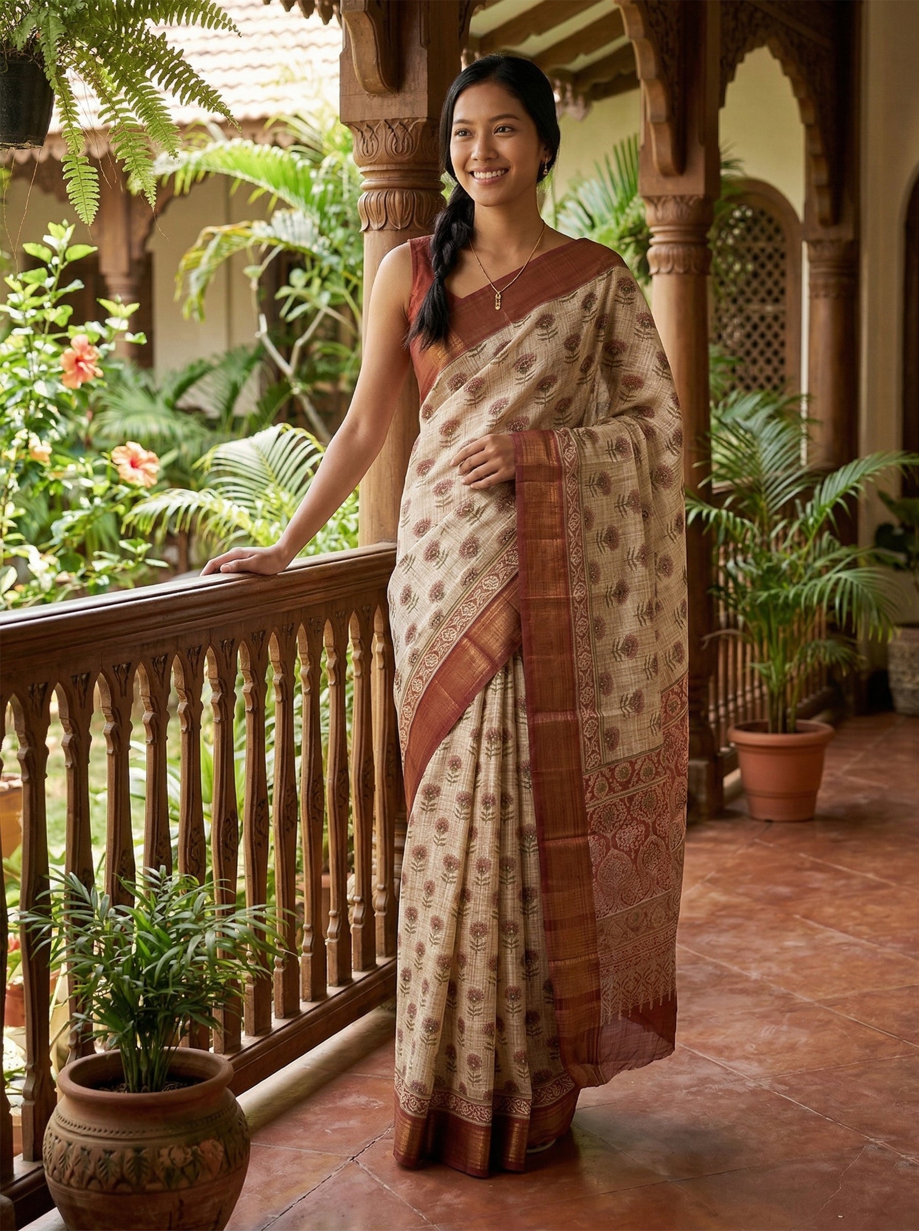 Chanderi Cotton  Beige Floral Butta Printed Saree