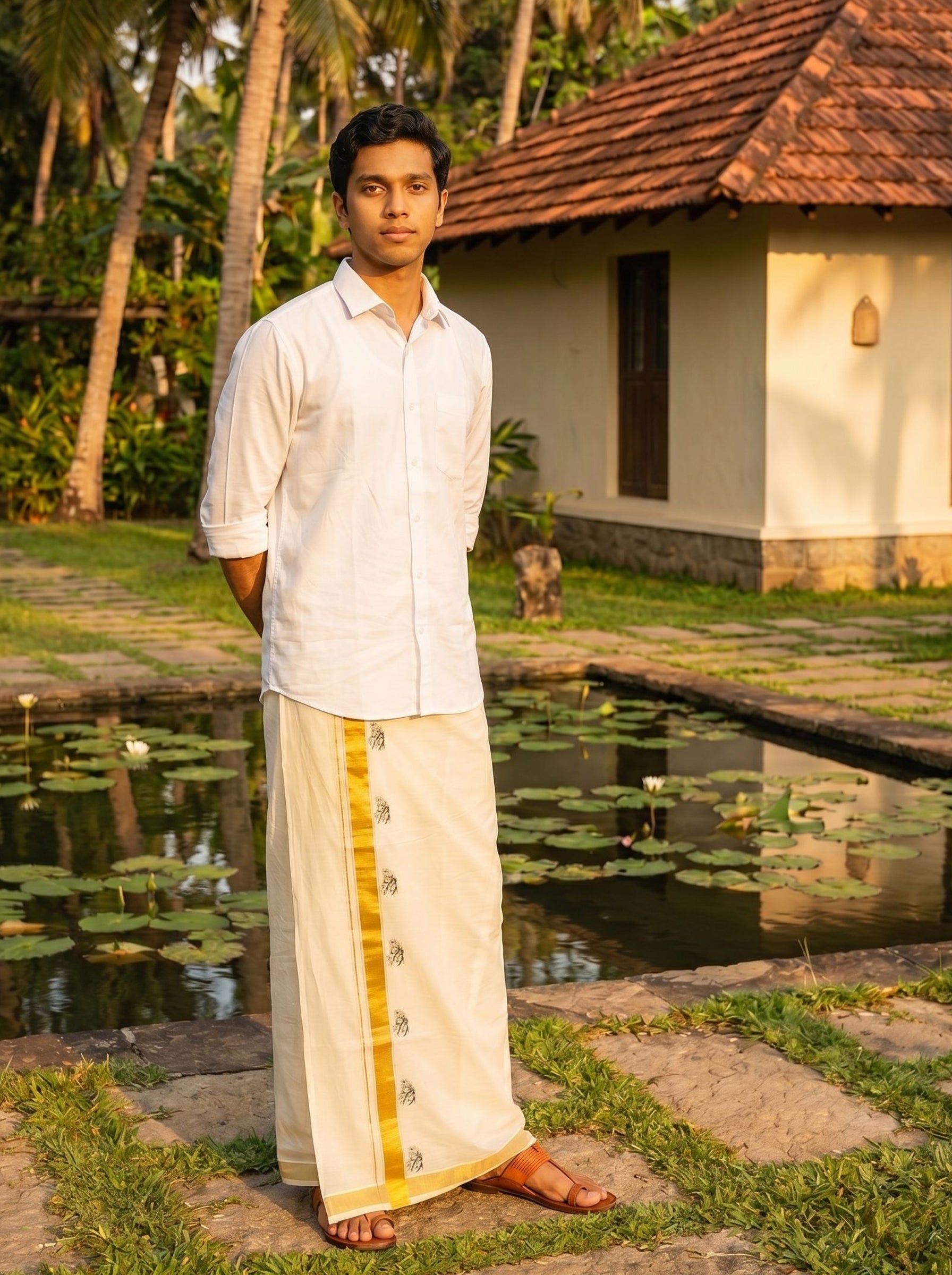 Men's Handloom Cotton Cream Golden Border Lord Krishna Print Kerala Dhoti
