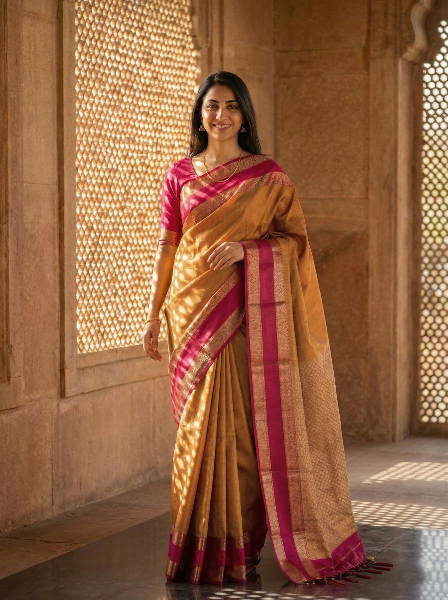 Woman wearing a traditional saree in a warm-toned architectural setting