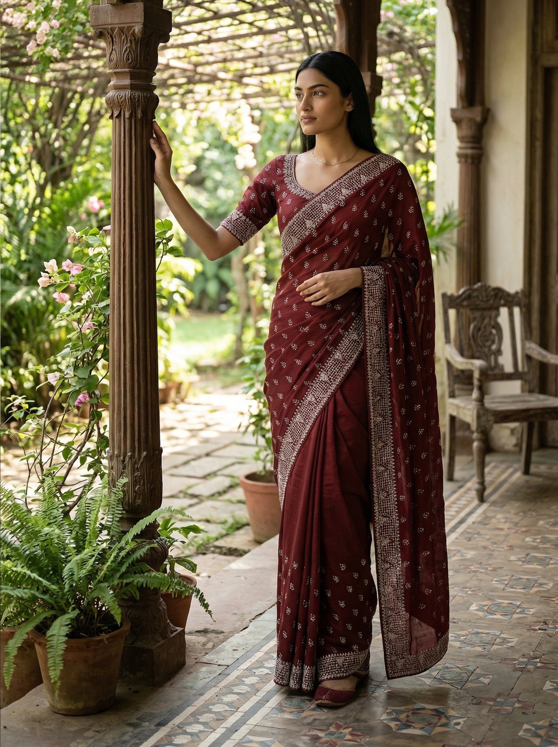 Woman in a maroon saree standing in a garden setting