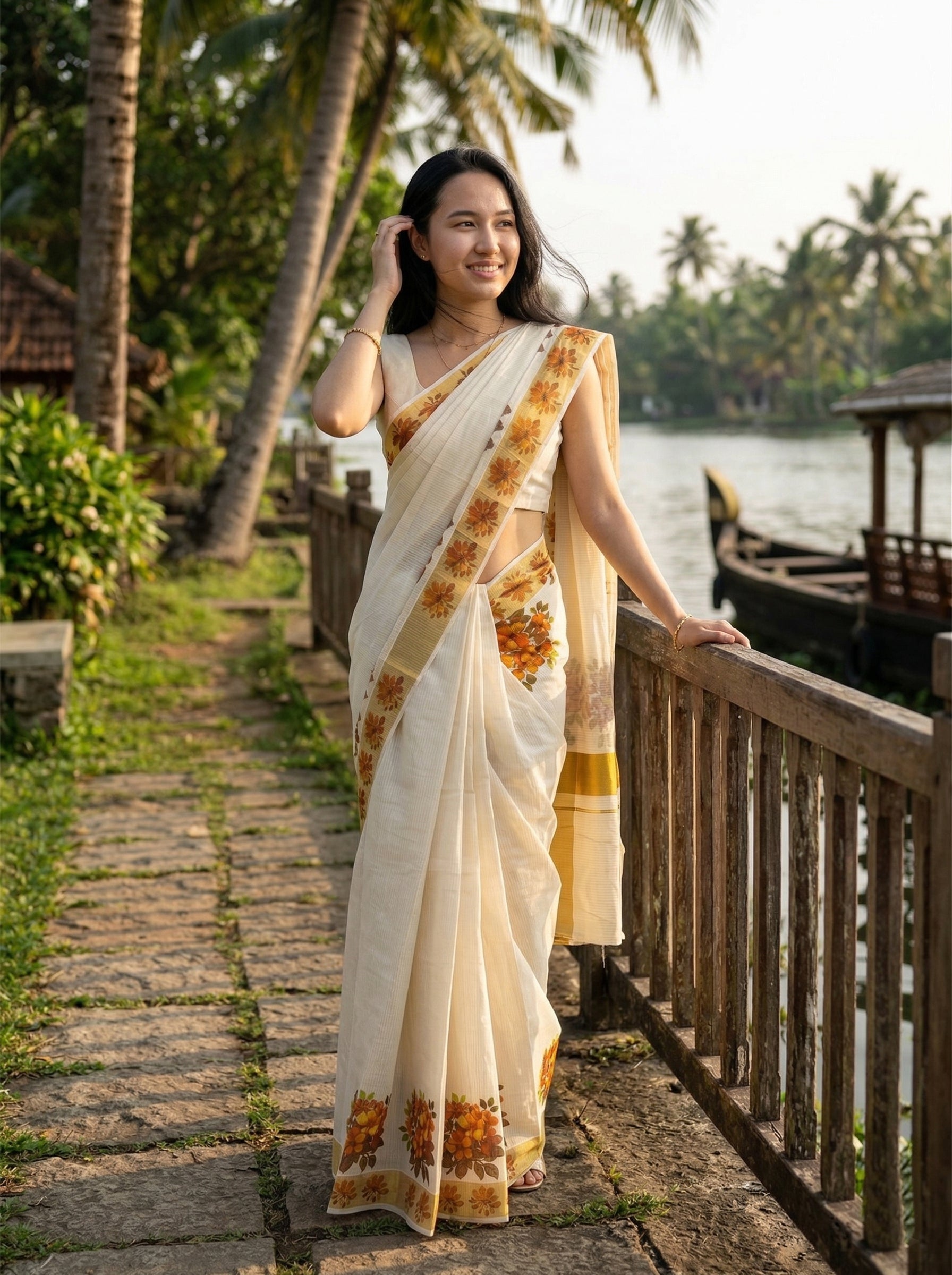 Woman in a white saree with floral patterns standing by a waterfront with palm trees in the background.