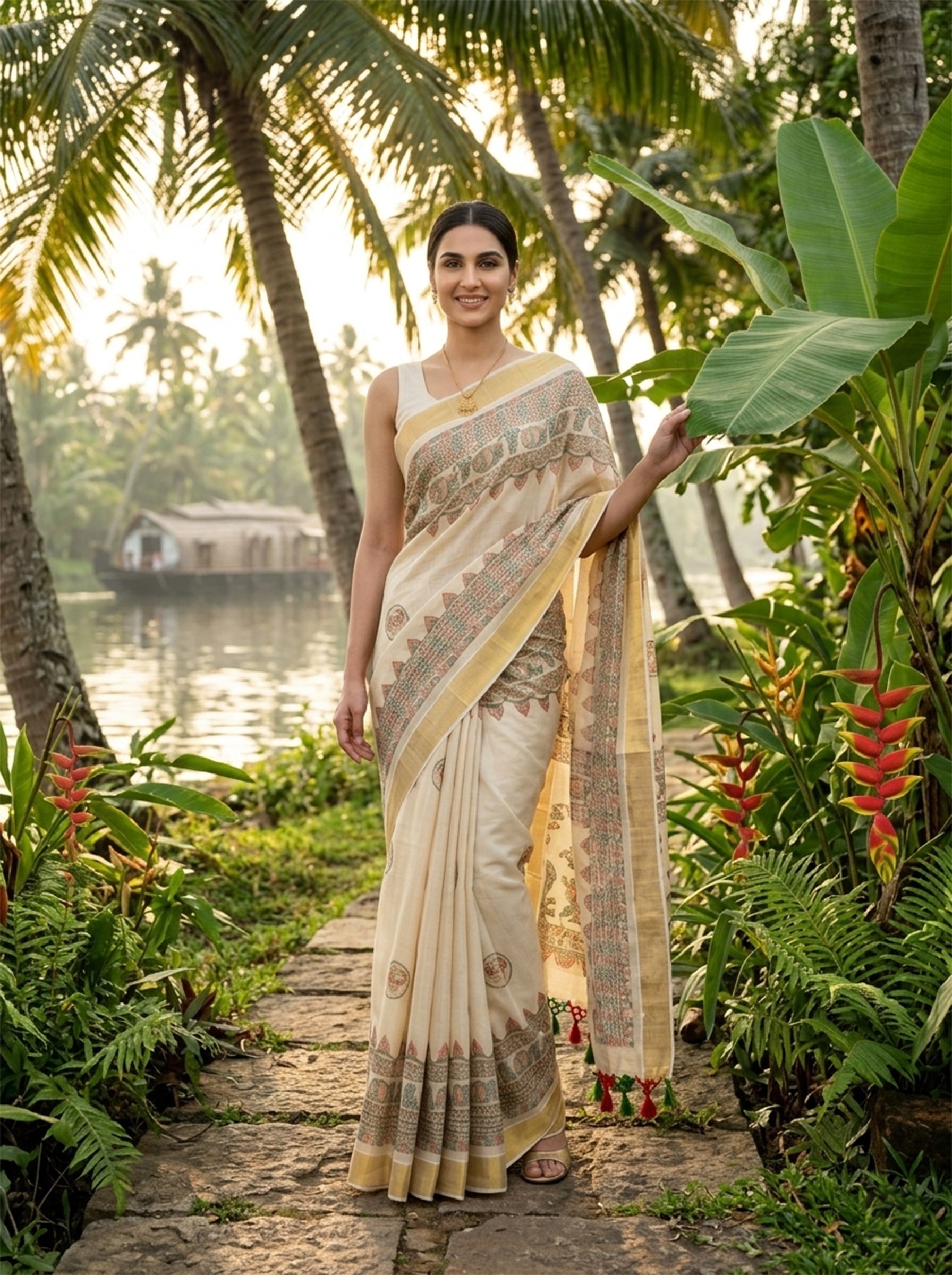 Woman in a traditional saree standing in a tropical setting with palm trees and a lake.
