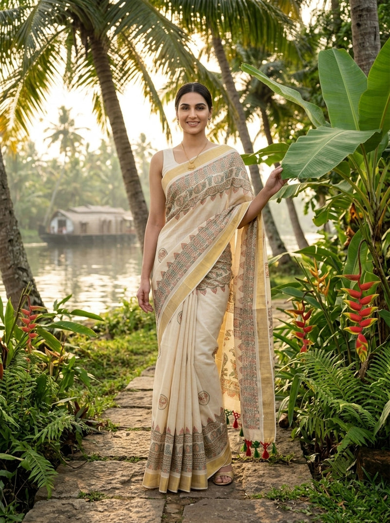 Woman in a traditional saree standing in a tropical setting with palm trees and a lake.