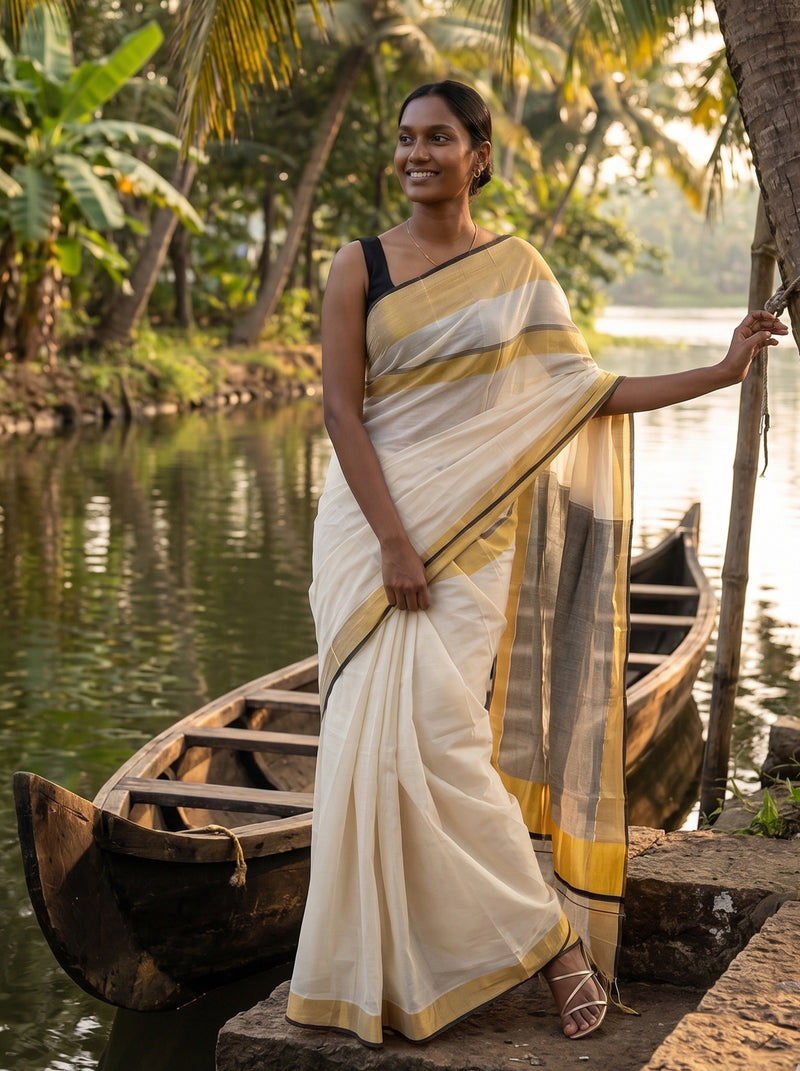 Woman in a white and yellow saree standing by a river with trees in the background
